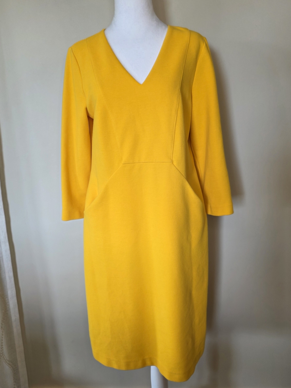 Boden Yellow Ponte Knit V-Neck Midi Sheath Dress US 10L Long Sleeve